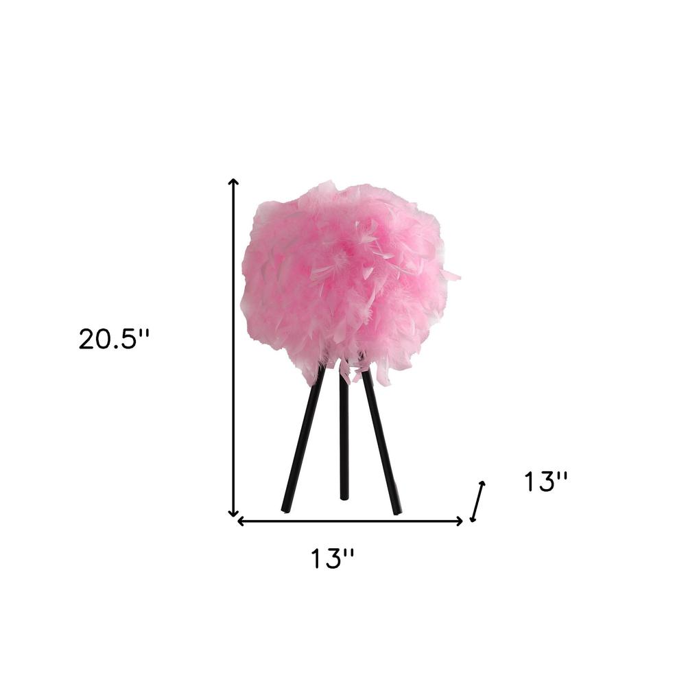 21" Black Tripod Table Lamp With Pink Faux Feather Shade. Picture 6