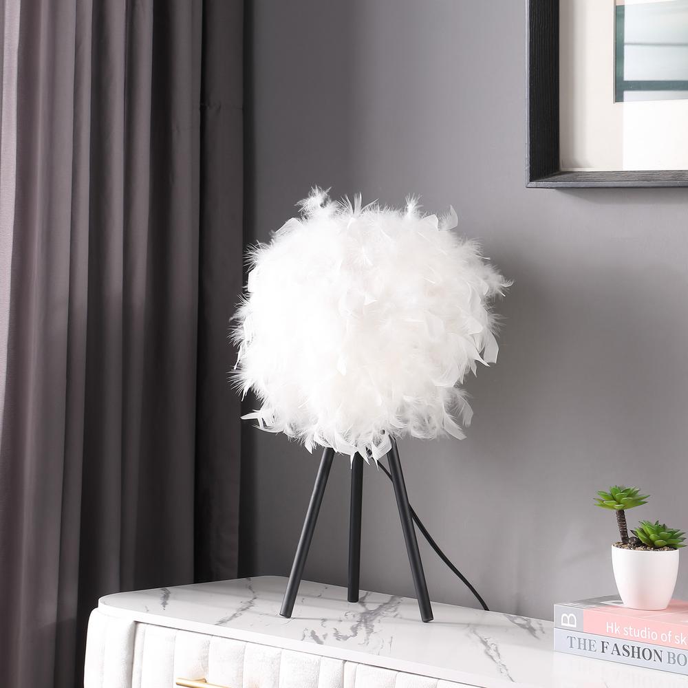 21" Black and White Faux Feather Tripod Table Lamp. Picture 4