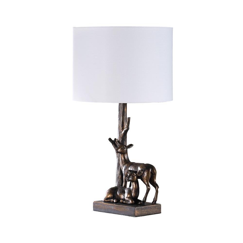 20" Bronze Mom and Baby Deer Table Lamp With White Drum Shade. Picture 1