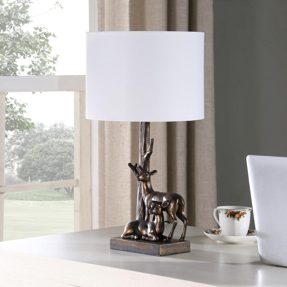 20" Bronze Mom and Baby Deer Table Lamp With White Drum Shade. Picture 4