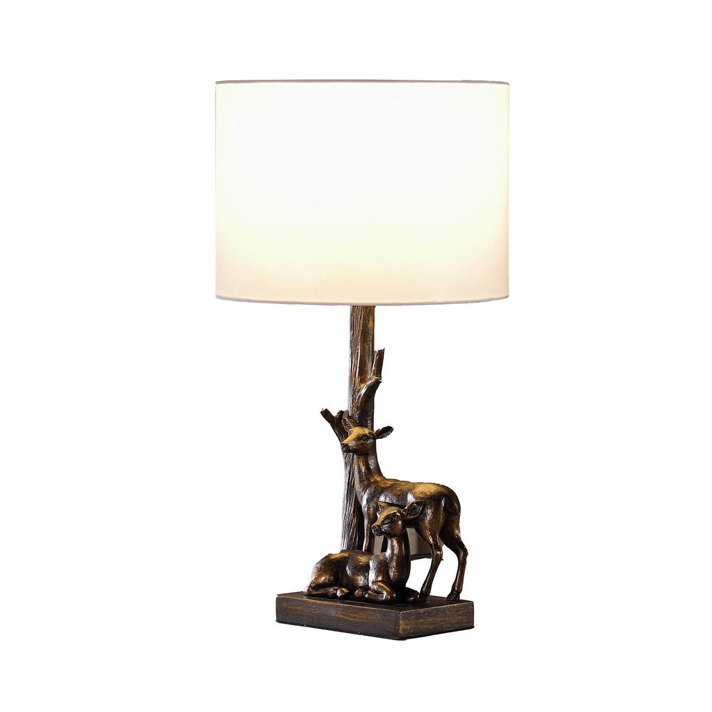 20" Bronze Mom and Baby Deer Table Lamp With White Drum Shade. Picture 2