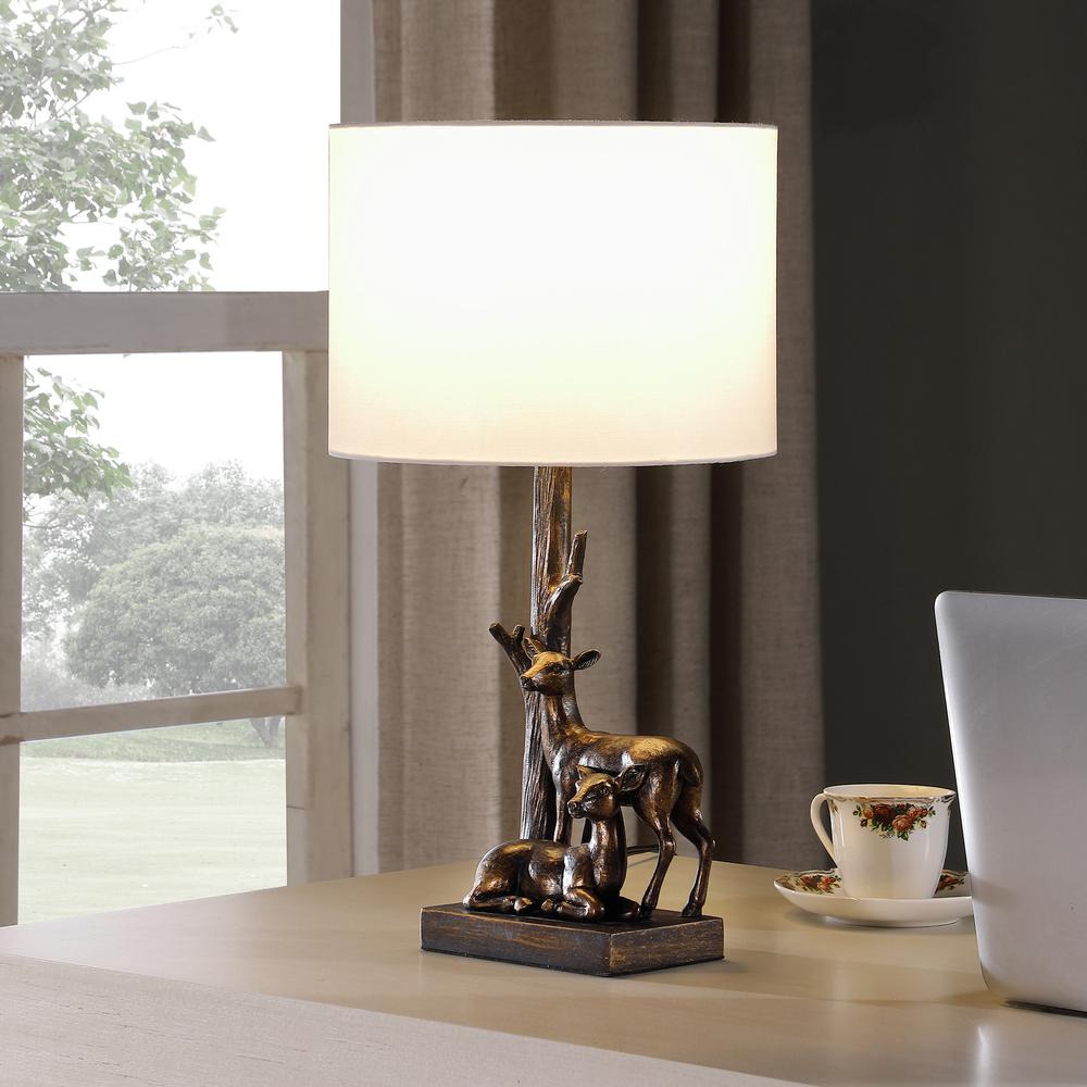 20" Bronze Mom and Baby Deer Table Lamp With White Drum Shade. Picture 5
