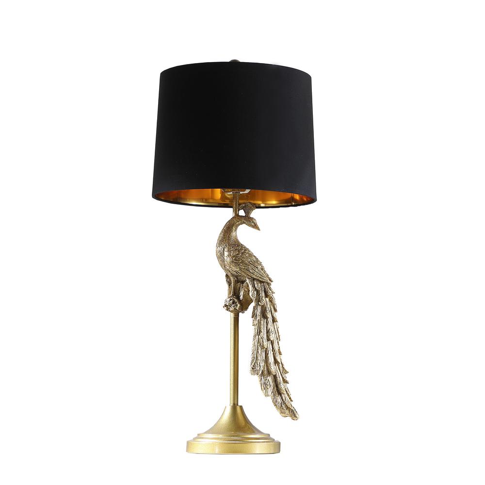 29" Gold Peacock Table Lamp With Black Drum Shade. Picture 1