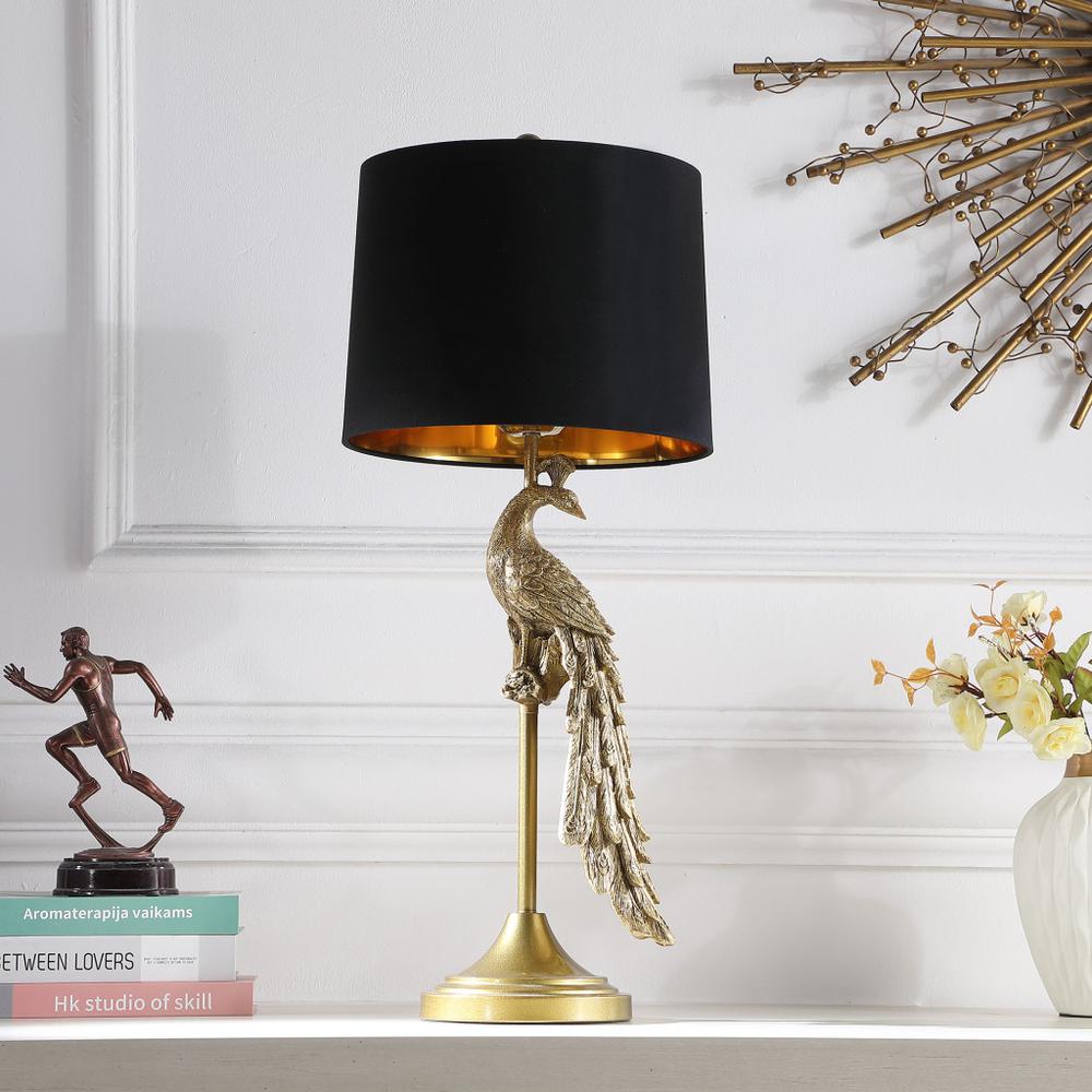 29" Gold Peacock Table Lamp With Black Drum Shade. Picture 4
