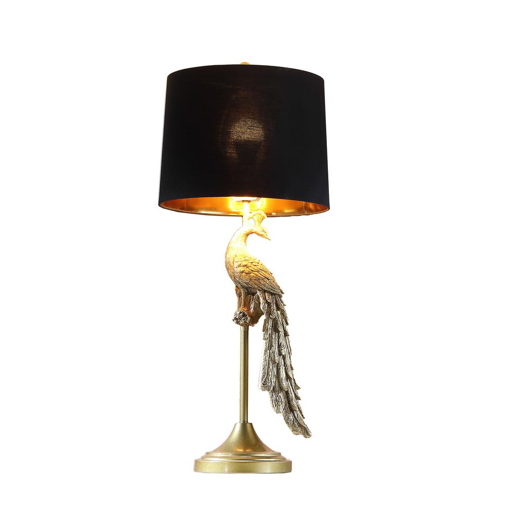 29" Gold Peacock Table Lamp With Black Drum Shade. Picture 2