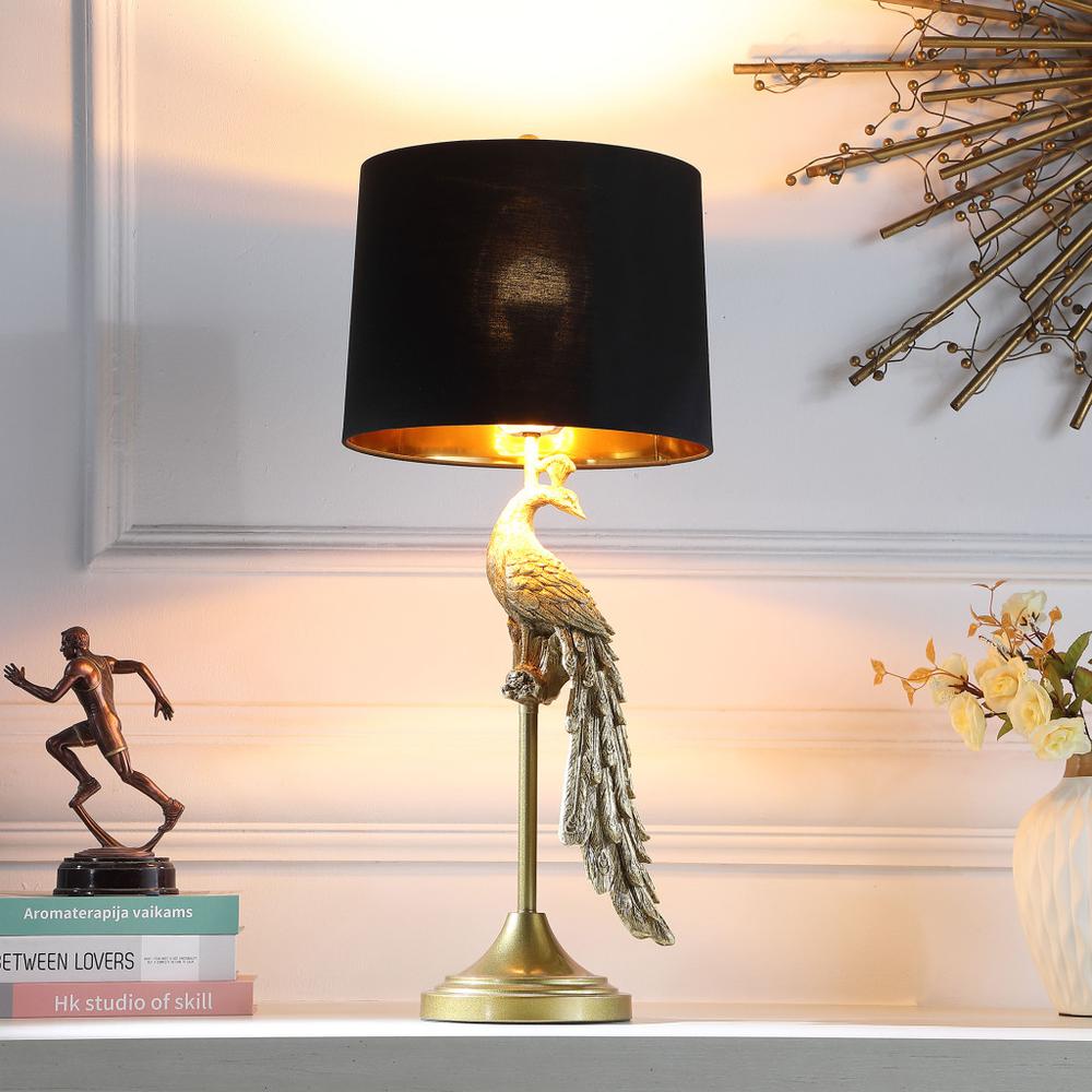 29" Gold Peacock Table Lamp With Black Drum Shade. Picture 5
