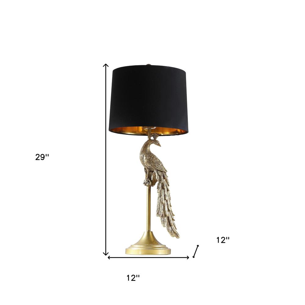 29" Gold Peacock Table Lamp With Black Drum Shade. Picture 6