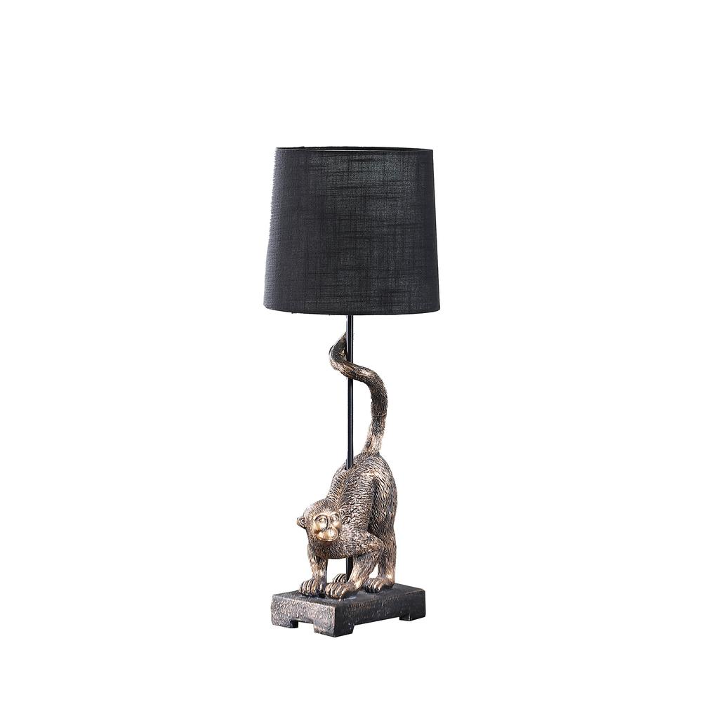 24" Dark Antiqued Gold Monkey Table Lamp With Black Drum Shade. Picture 1