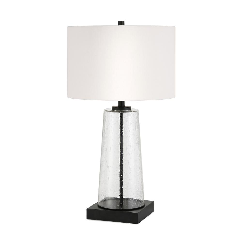 27" Black Glass Table Lamp With White Drum Shade. Picture 1
