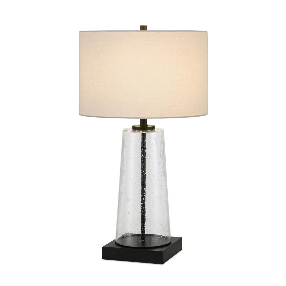 27" Black Glass Table Lamp With White Drum Shade. Picture 2