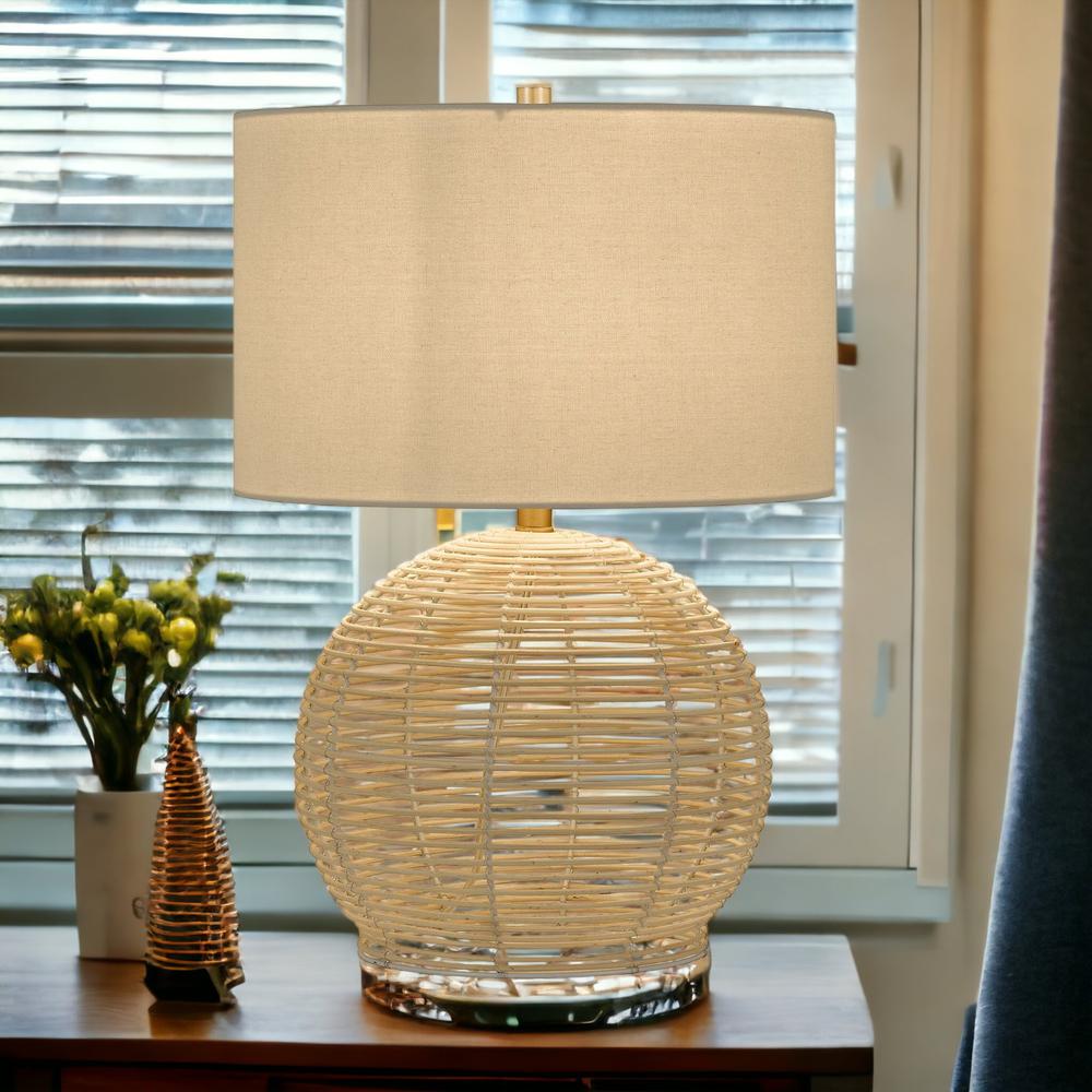 21" Natural Rattan Table Lamp With White Drum Shade. Picture 4