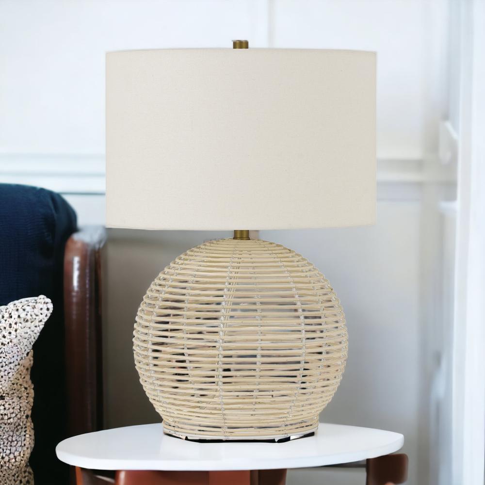 21" Natural Rattan Table Lamp With White Drum Shade. Picture 3
