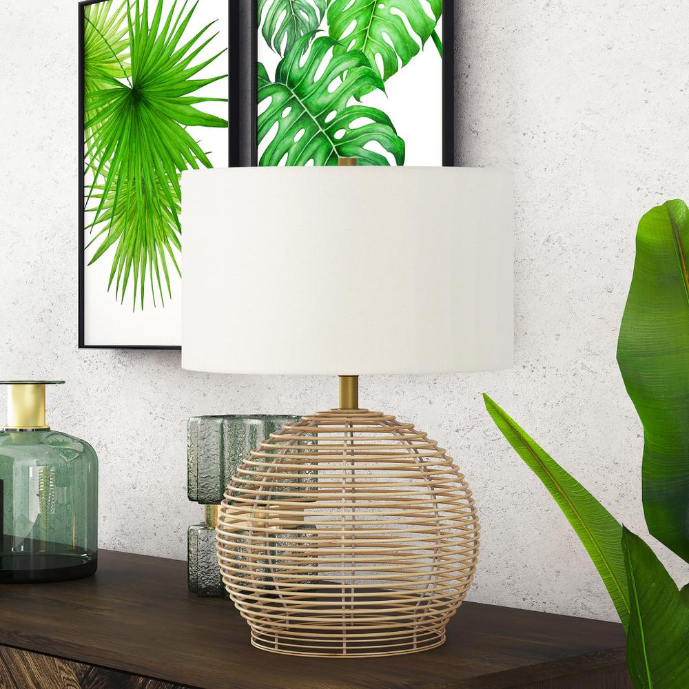 21" Natural Rattan Table Lamp With White Drum Shade. Picture 6