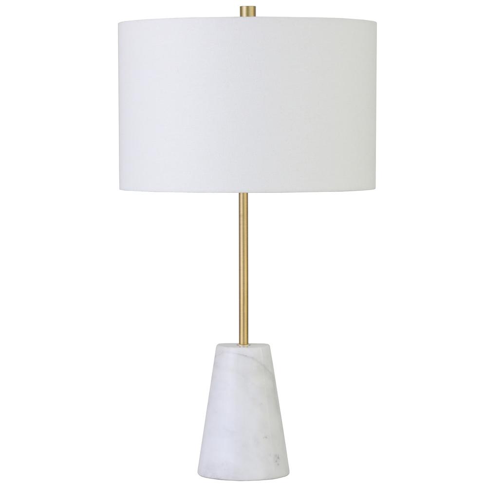 26" Gold and White Marble Table Lamp With White Drum Shade. Picture 1