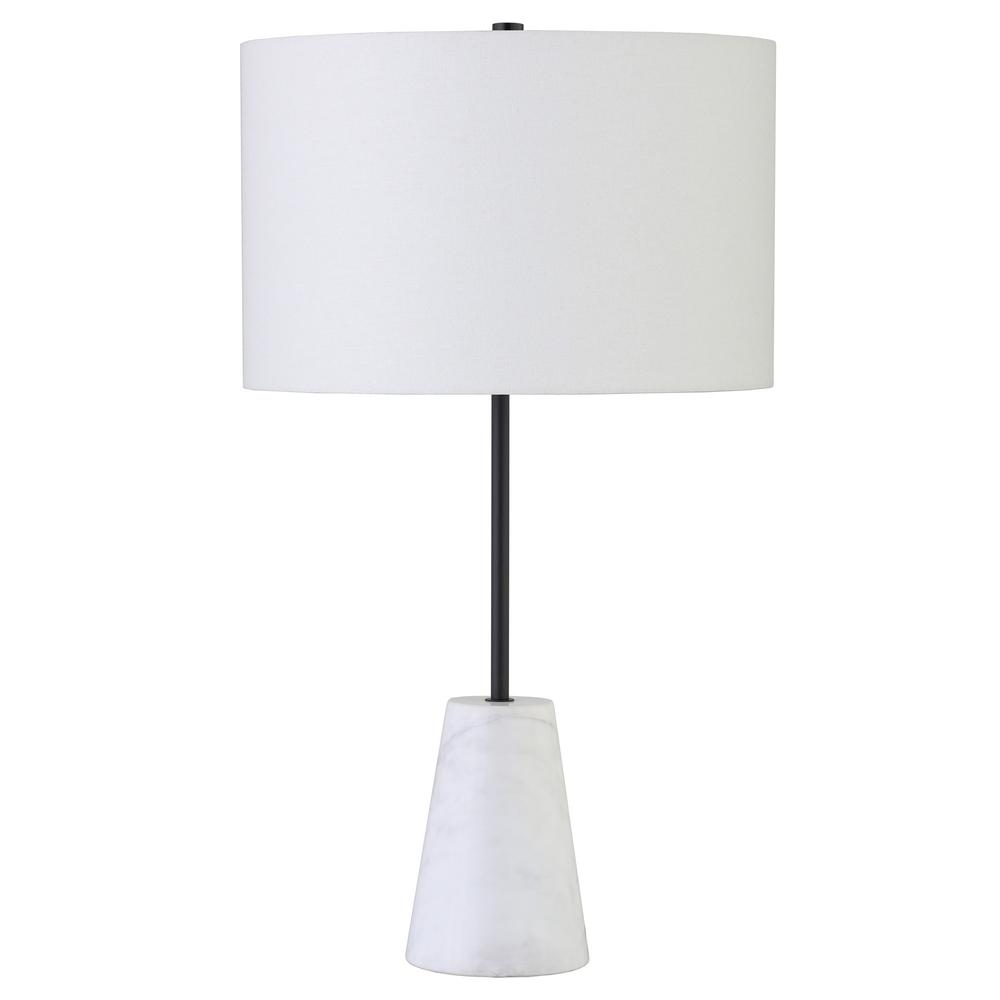 26" Black and White Marble Table Lamp With White Drum Shade. Picture 1