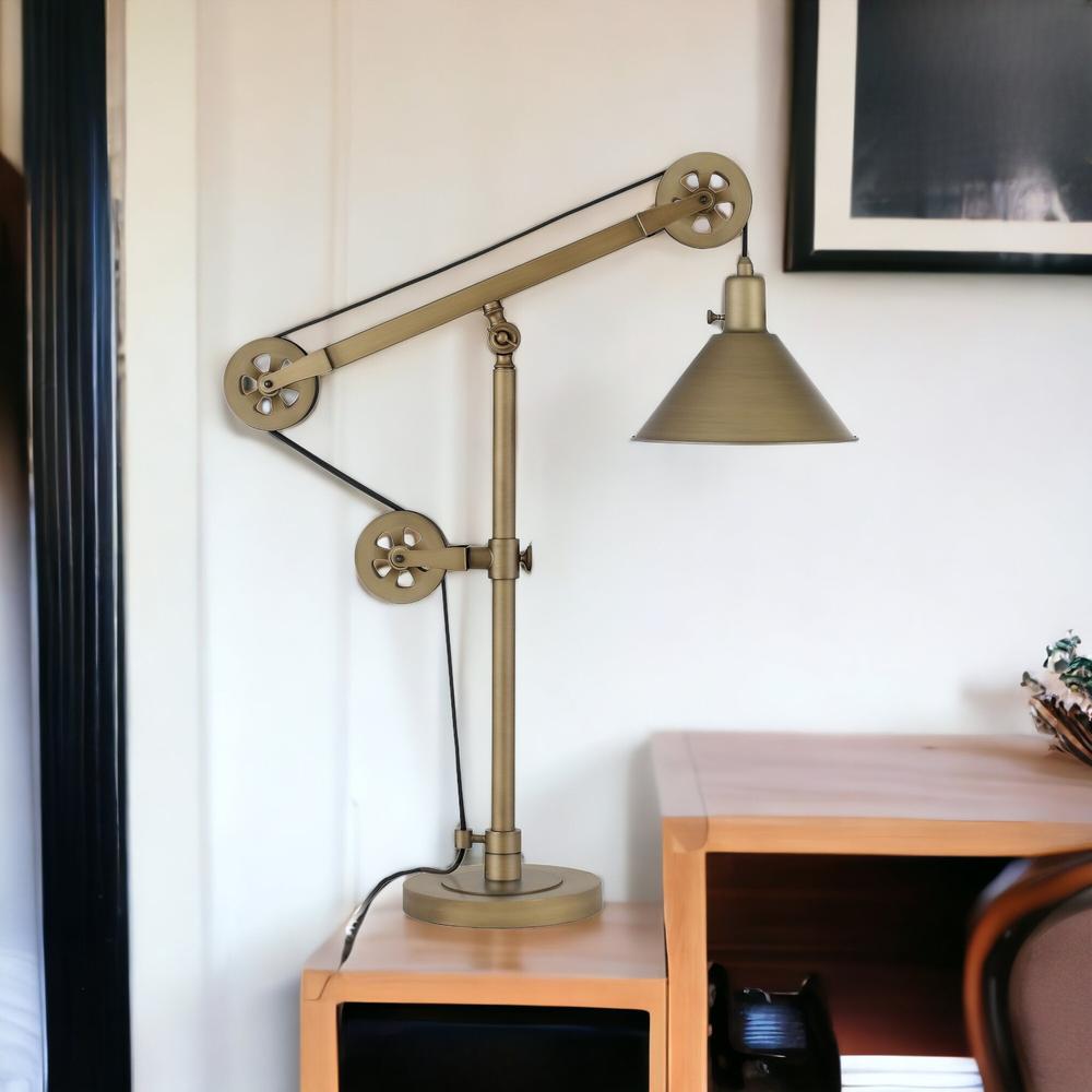 29" Brass Metal Desk Table Lamp With Brass Cone Shade. Picture 3