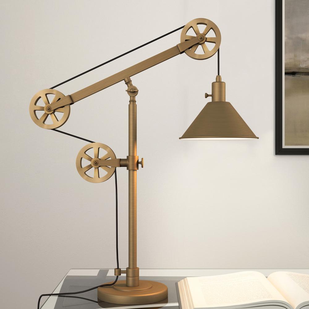 29" Brass Metal Desk Table Lamp With Brass Cone Shade. Picture 5
