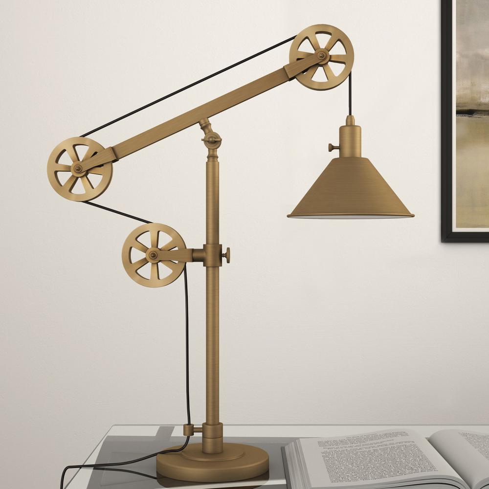 29" Brass Metal Desk Table Lamp With Brass Cone Shade. Picture 6