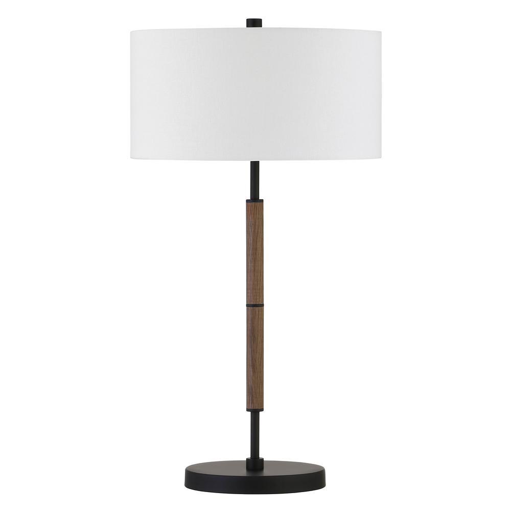 25" Brown and Black Metal Two Light Table Lamp With White Drum Shade. Picture 1
