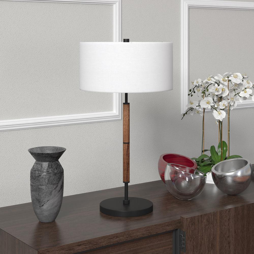 25" Brown and Black Metal Two Light Table Lamp With White Drum Shade. Picture 4