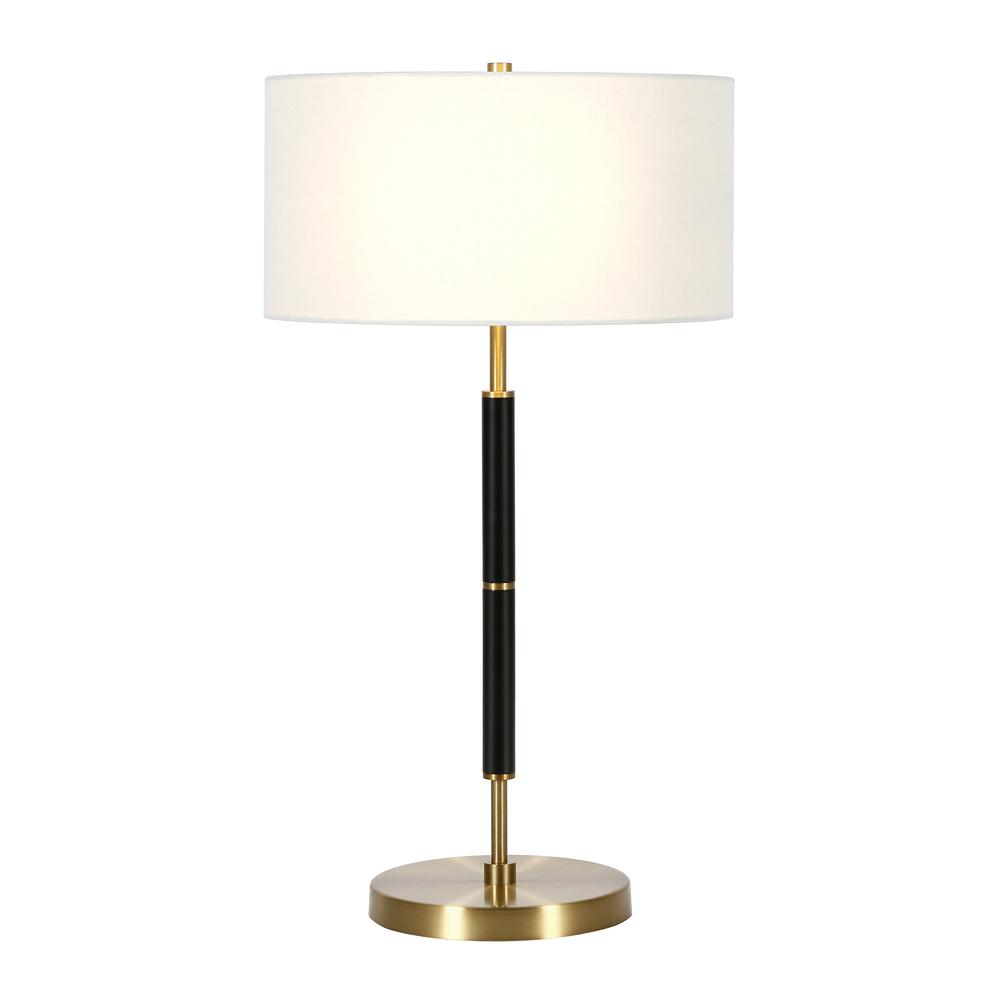 25" Black and Gold Metal Two Light Table Lamp With White Drum Shade. Picture 2