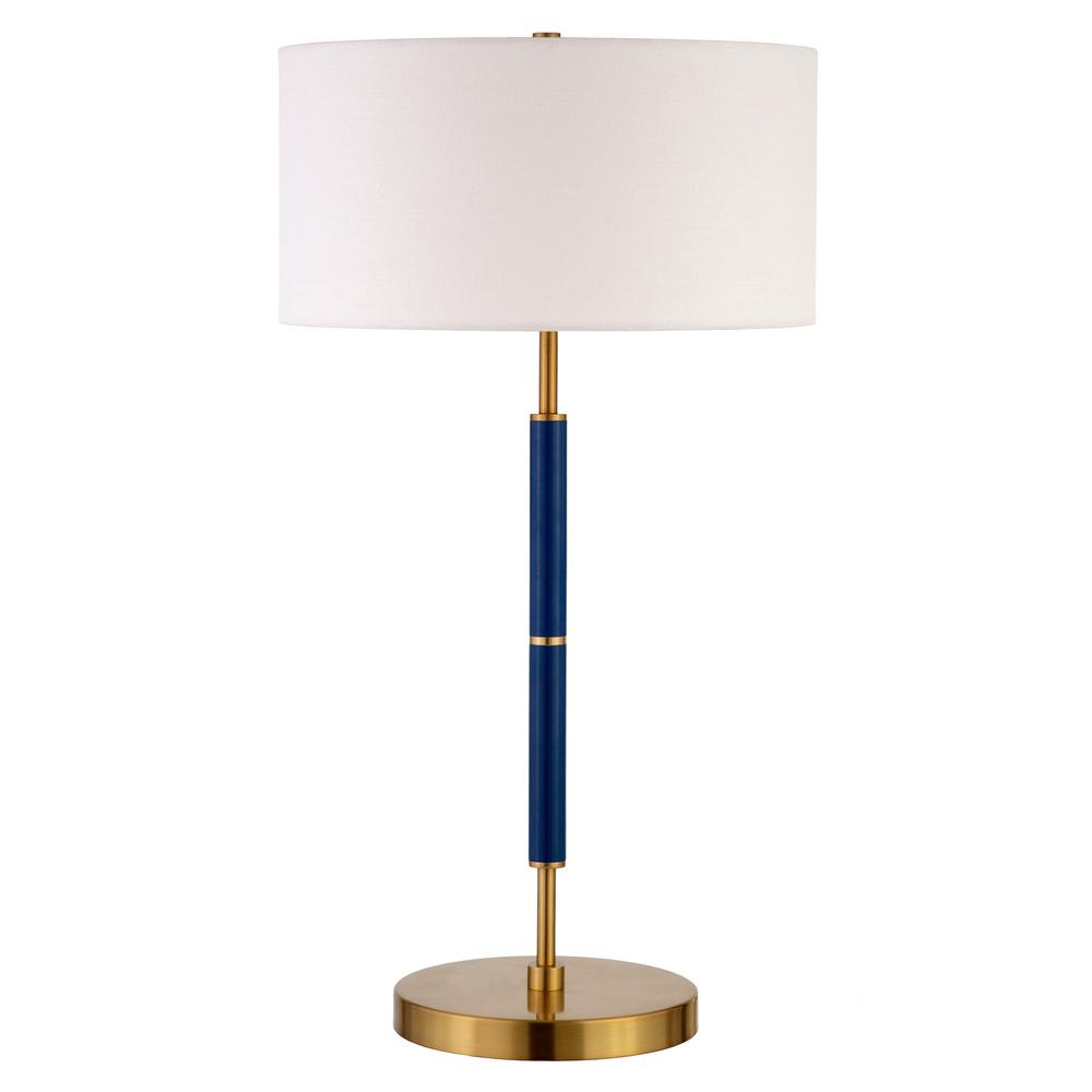 25" Blue and Gold Metal Two Light Table Lamp With White Drum Shade. Picture 1