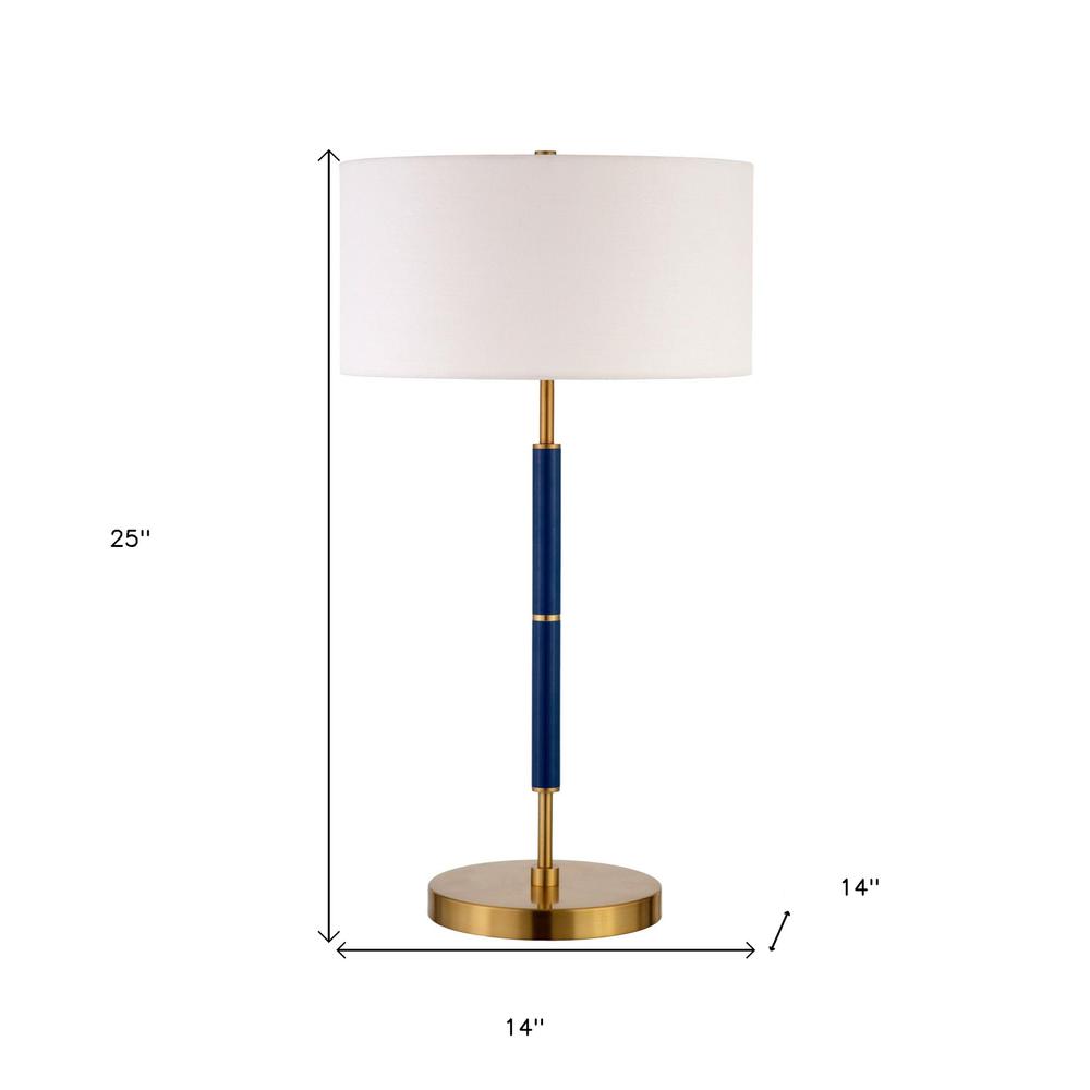 25" Blue and Gold Metal Two Light Table Lamp With White Drum Shade. Picture 6
