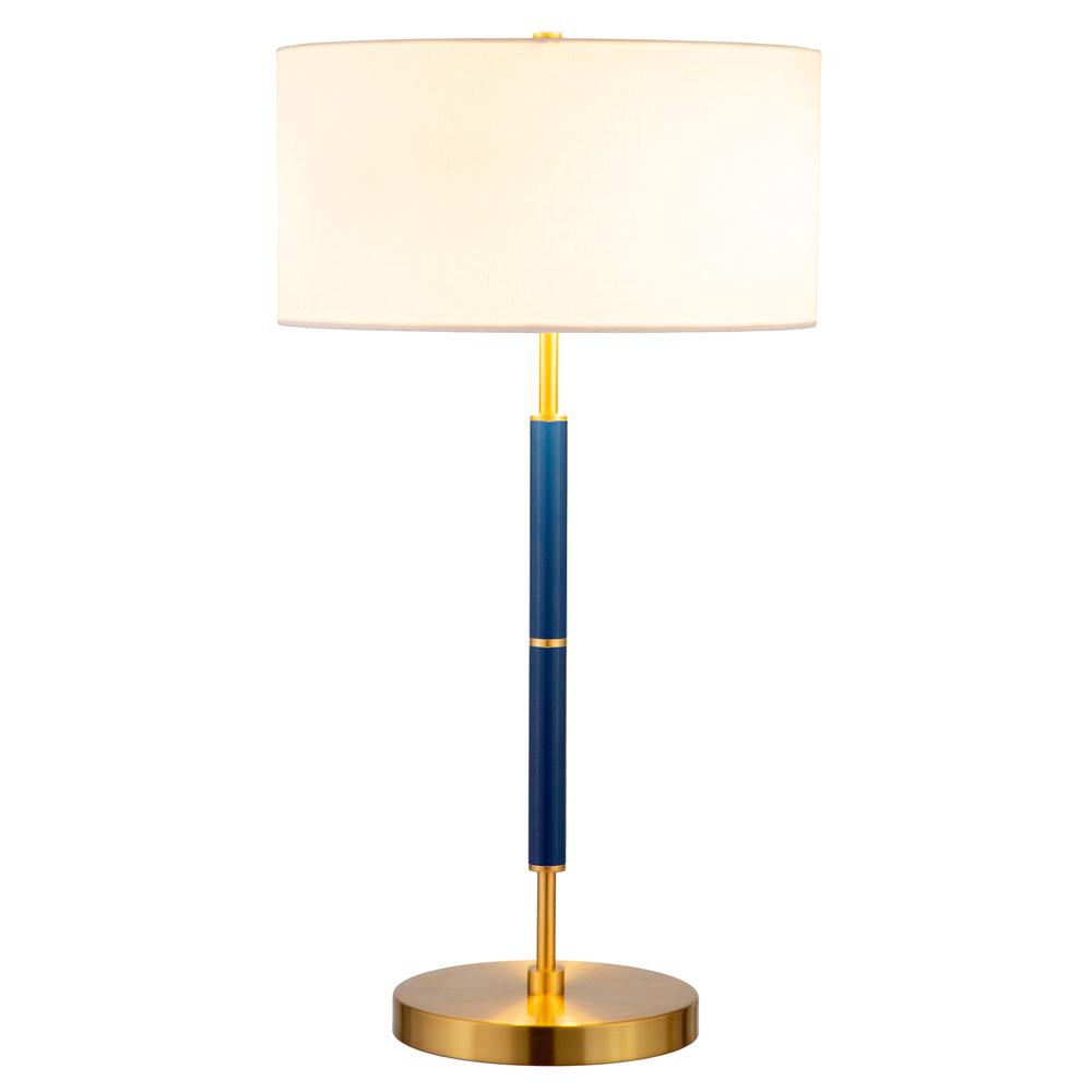 25" Blue and Gold Metal Two Light Table Lamp With White Drum Shade. Picture 2