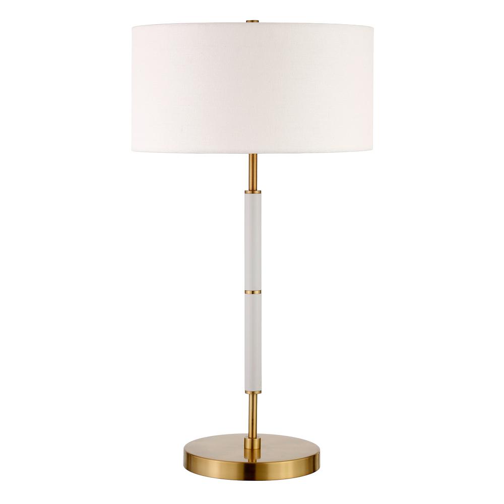 25" Gold and White Metal Two Light Table Lamp With White Drum Shade. Picture 1