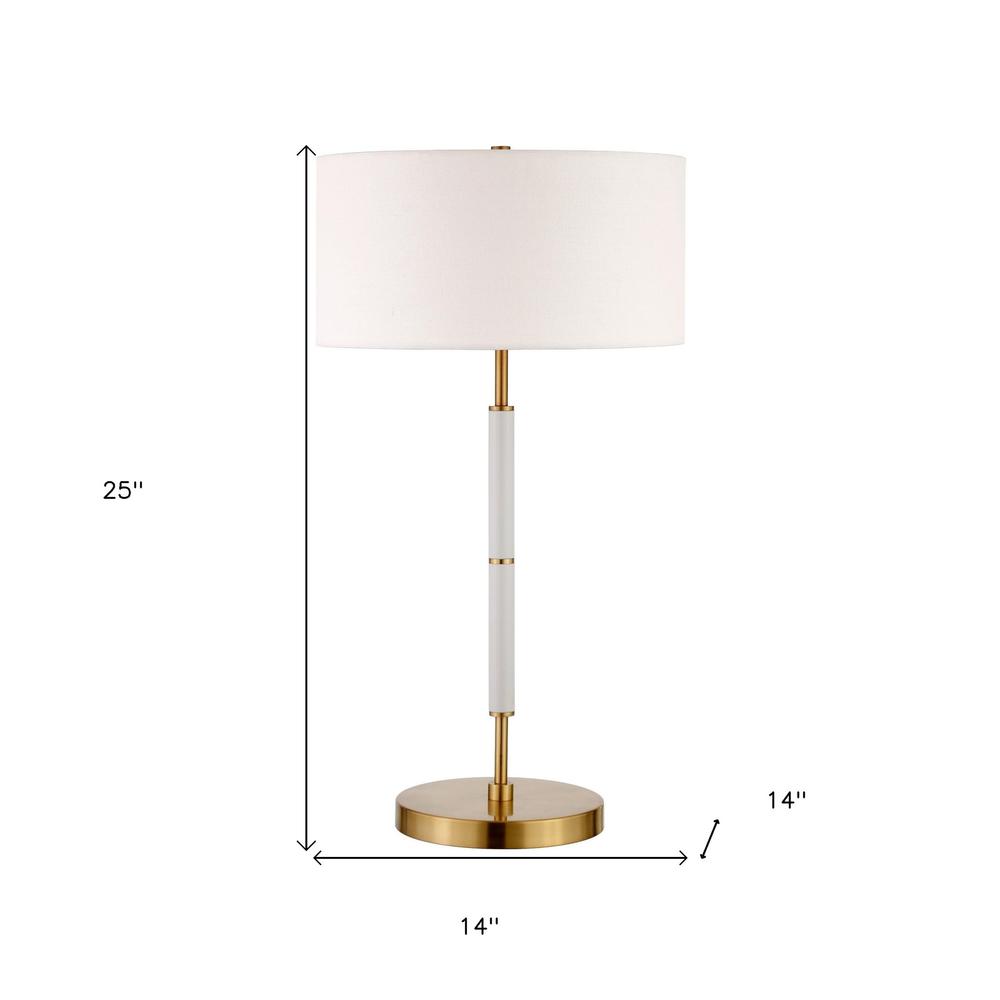 25" Gold and White Metal Two Light Table Lamp With White Drum Shade. Picture 7