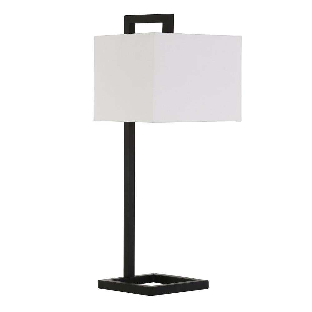26" Black Metal Arched Table Lamp With White Square Shade. Picture 1