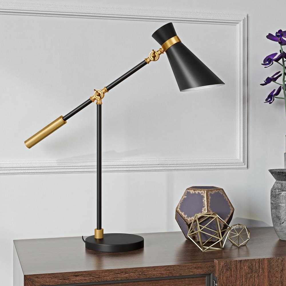 30" Black and Gold Metal Desk Table Lamp With Black Cone Shade. Picture 6