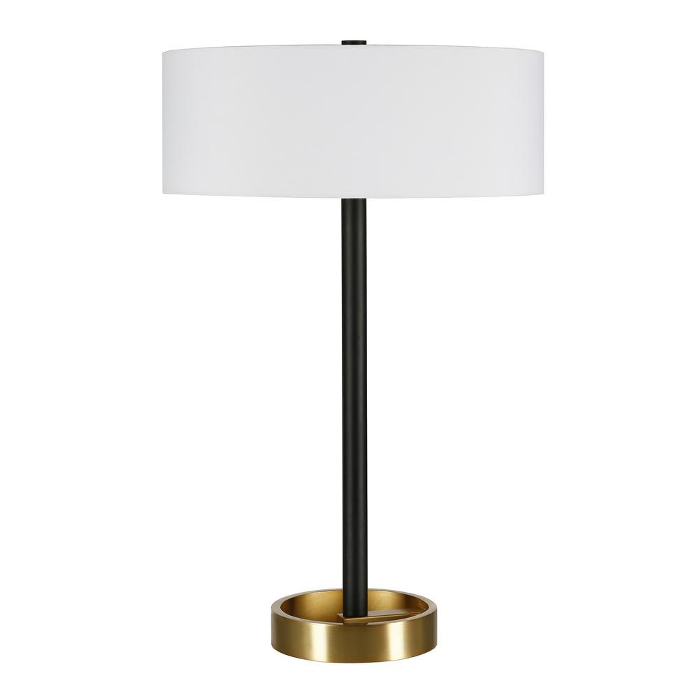 24" Black and Gold Metal Table Lamp With White Drum Shade. Picture 1