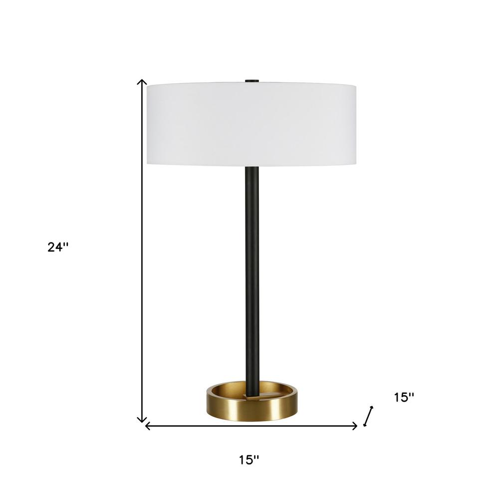 24" Black and Gold Metal Table Lamp With White Drum Shade. Picture 6