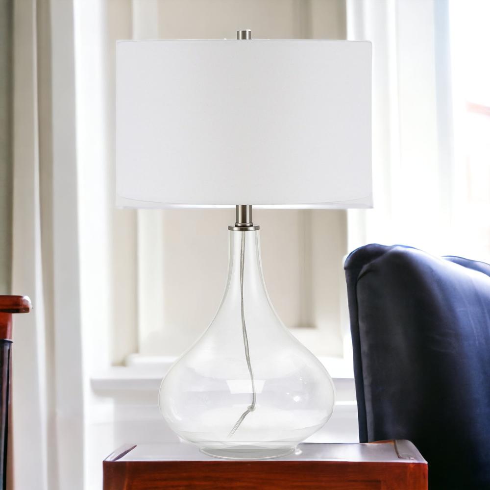 25" Clear Glass Table Lamp With White Drum Shade. Picture 3