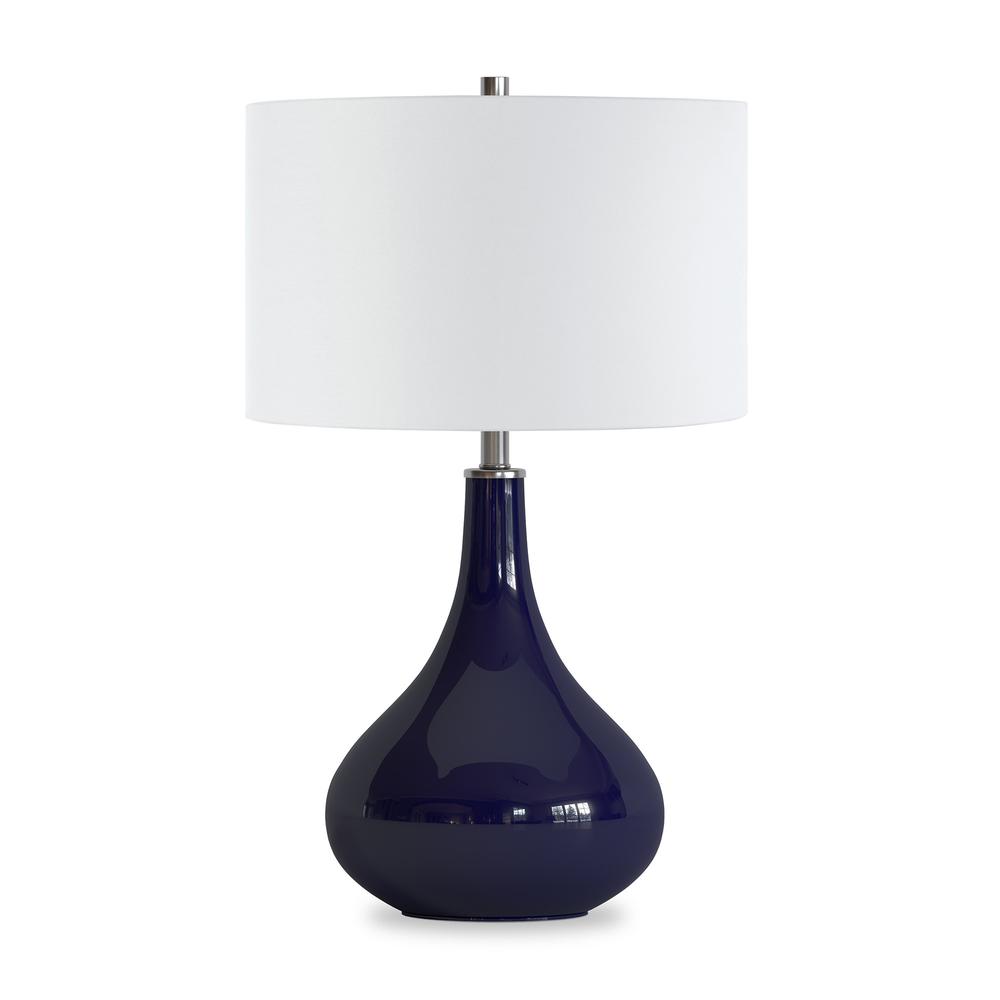 25" Navy Blue Glass Table Lamp With White Drum Shade. Picture 1