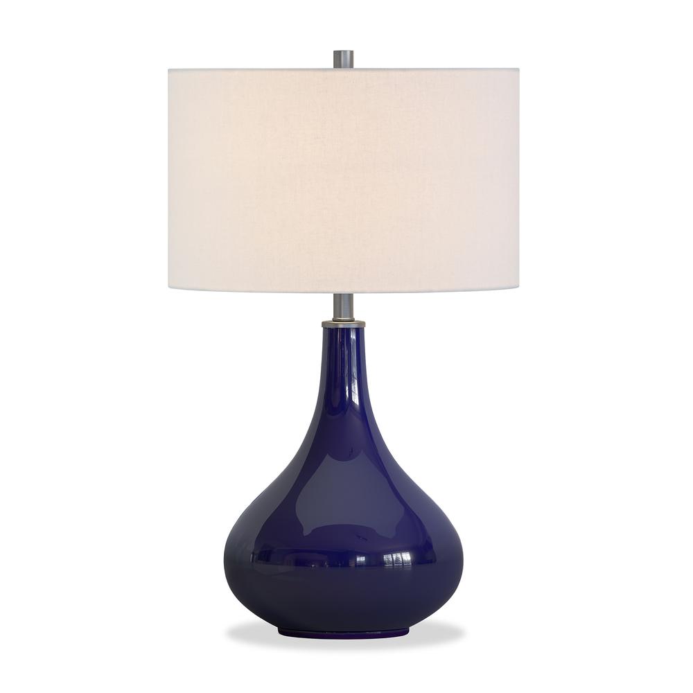 25" Navy Blue Glass Table Lamp With White Drum Shade. Picture 2