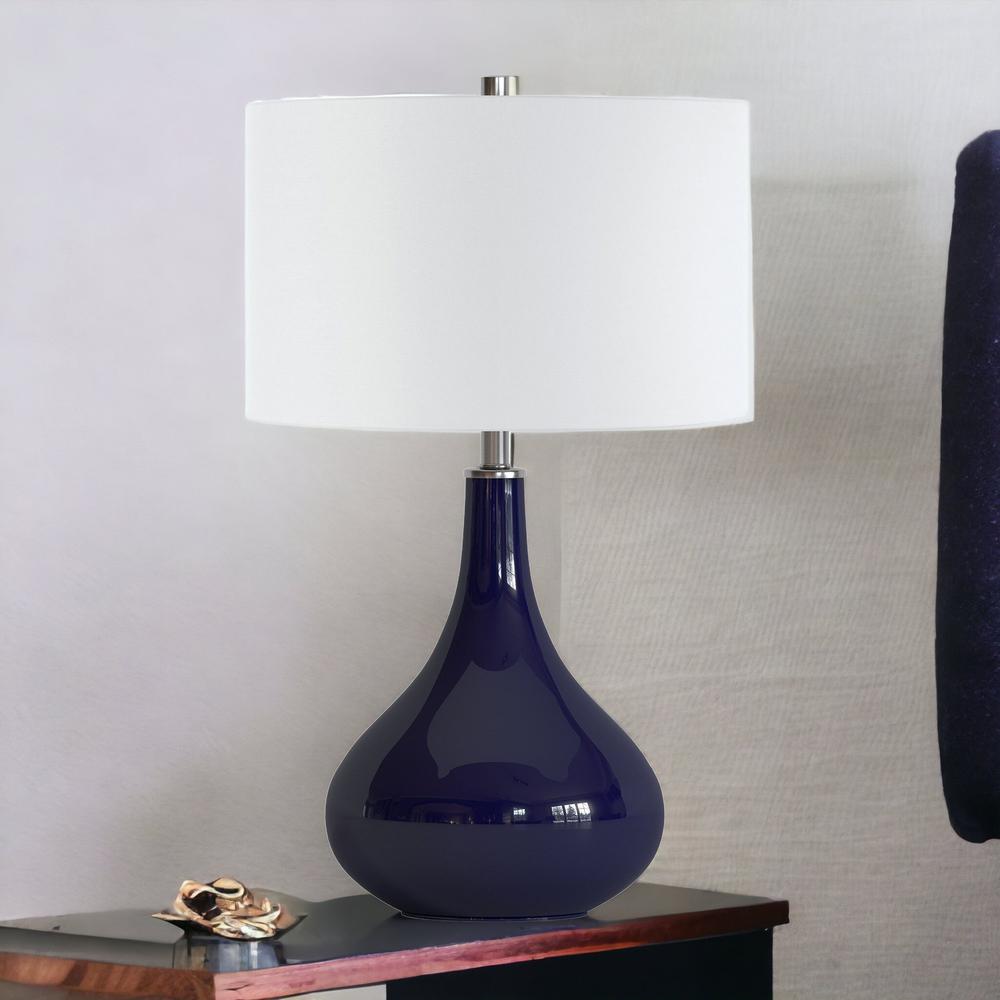 25" Navy Blue Glass Table Lamp With White Drum Shade. Picture 3