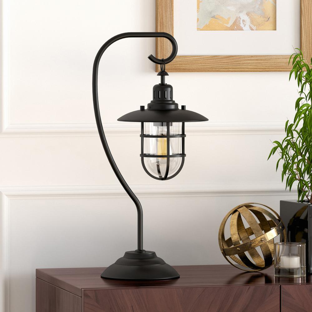 22" Black Metal Arched Table Lamp With Black Cage Shade. Picture 8