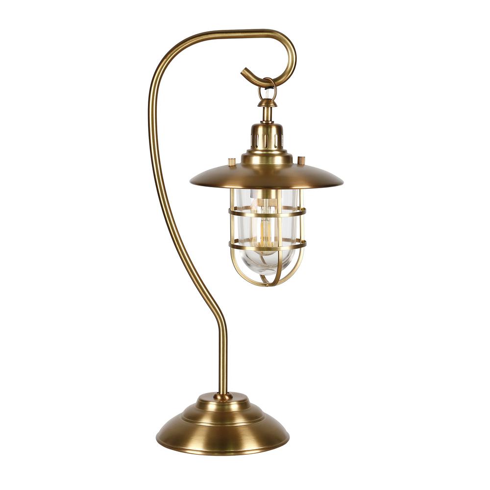 22" Antiqued Brass Metal Arched Table Lamp With Brass Cage Shade. Picture 1