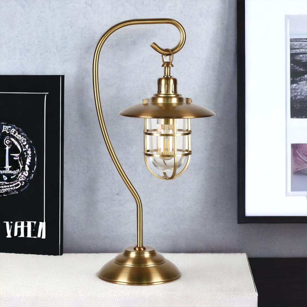 22" Antiqued Brass Metal Arched Table Lamp With Brass Cage Shade. Picture 3