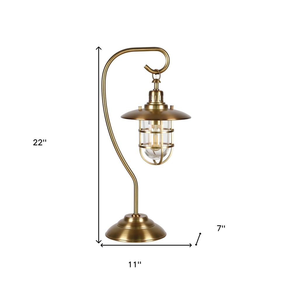 22" Antiqued Brass Metal Arched Table Lamp With Brass Cage Shade. Picture 7