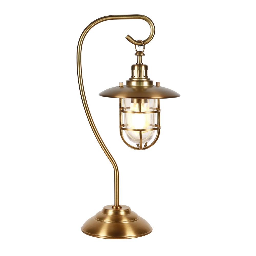 22" Antiqued Brass Metal Arched Table Lamp With Brass Cage Shade. Picture 2