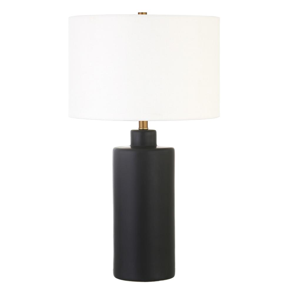 25" Black Ceramic Table Lamp With White Drum Shade. Picture 1