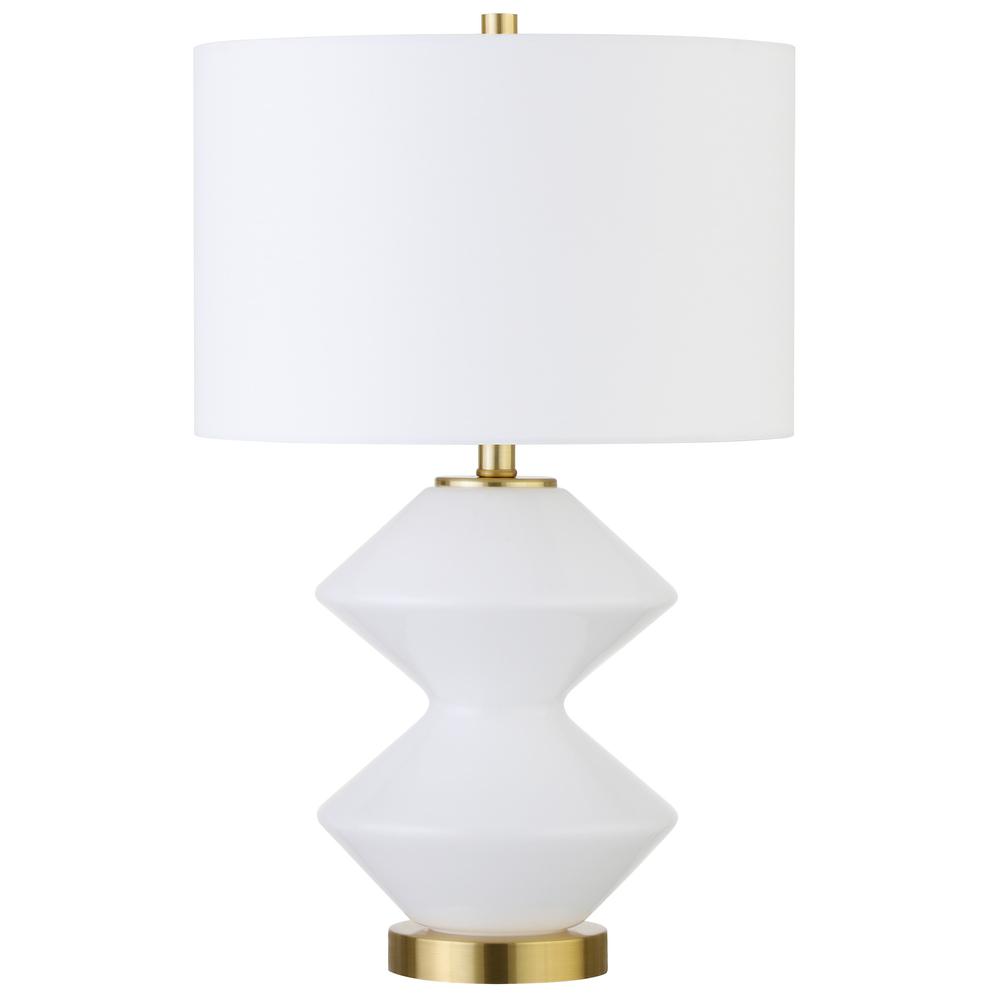 23" White and Gold Glass Table Lamp With White Drum Shade. Picture 1
