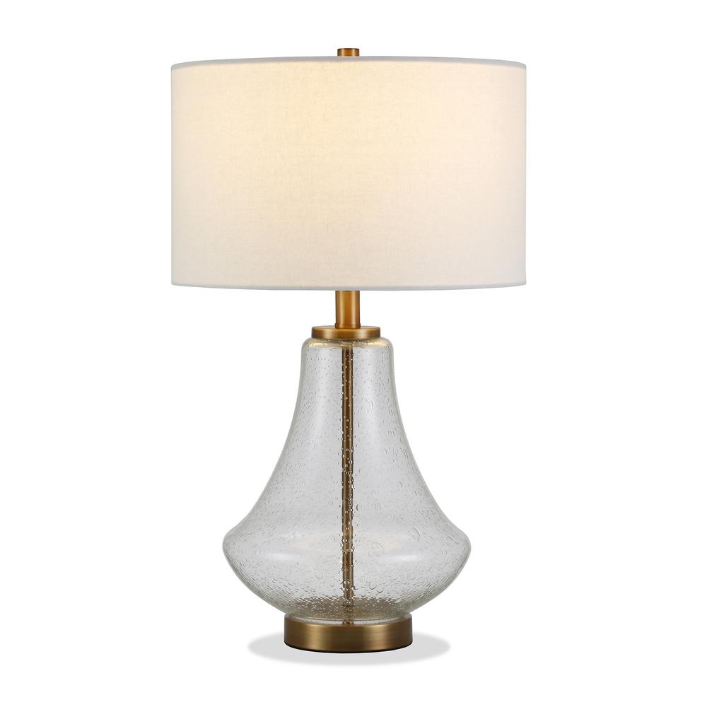 23" Brass Glass Table Lamp With White Drum Shade. Picture 2