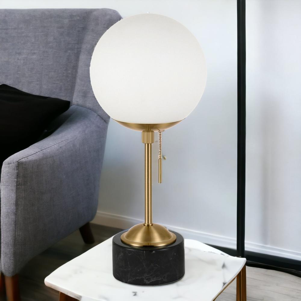 18" Black and Gold Marble Globe Table Lamp With White Globe Shade. Picture 3