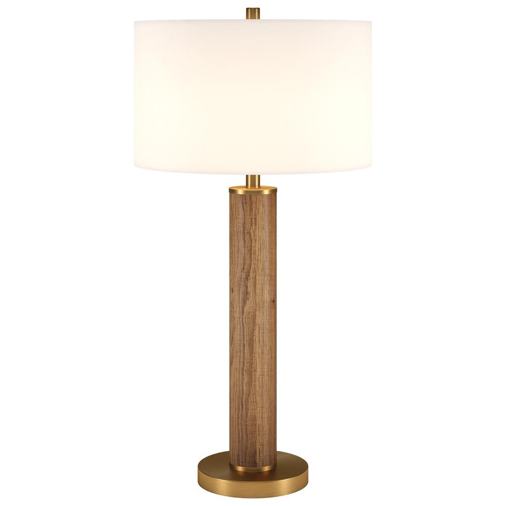 29" Gold and Brown Metal Table Lamp With White Drum Shade. Picture 2