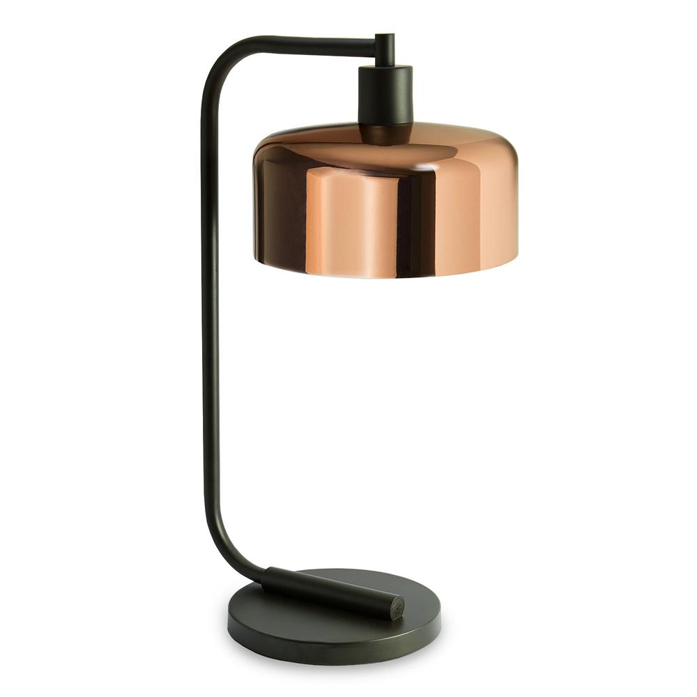 20" Black Metal Arched Table Lamp With Copper Bowl Shade. Picture 1