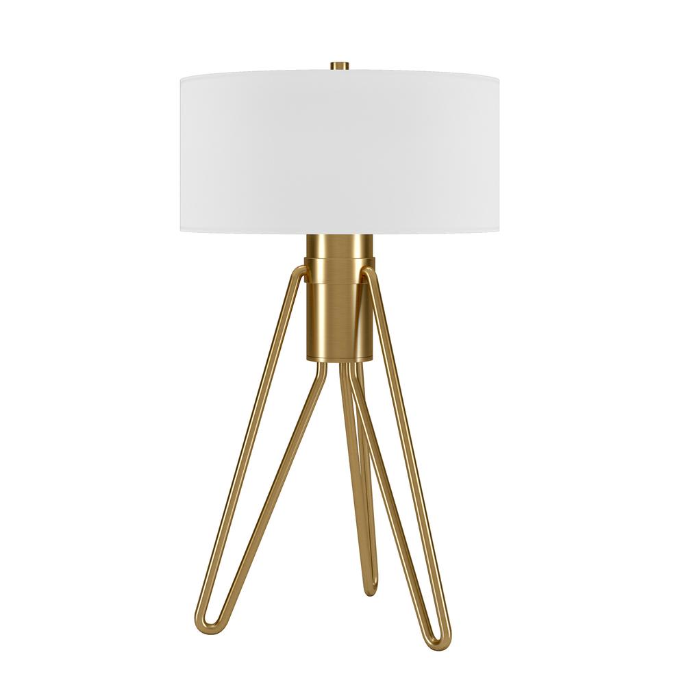 25" Brass Metal Two Light Tripod Table Lamp With White Drum Shade. Picture 1